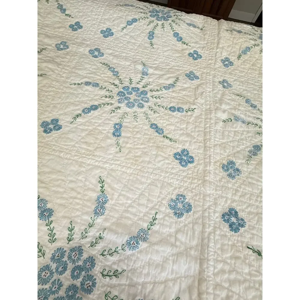 Cutter Quilt Blue Floral Painted Design Hand Quilted Vintage Crafts Fabric 75x92